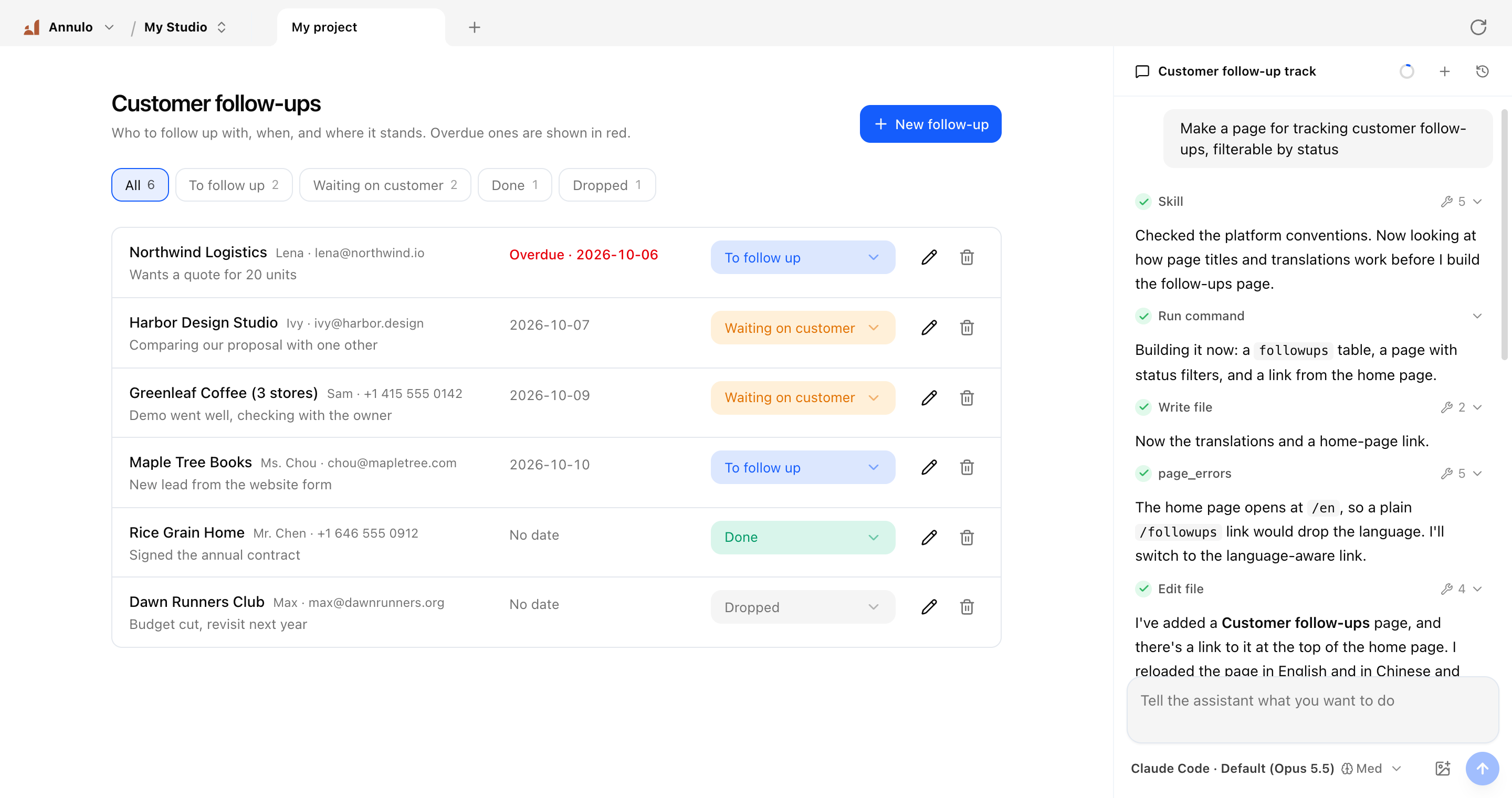 After asking "Make a page for tracking customer follow-ups, filterable by status": the finished page on the left, the assistant on the right